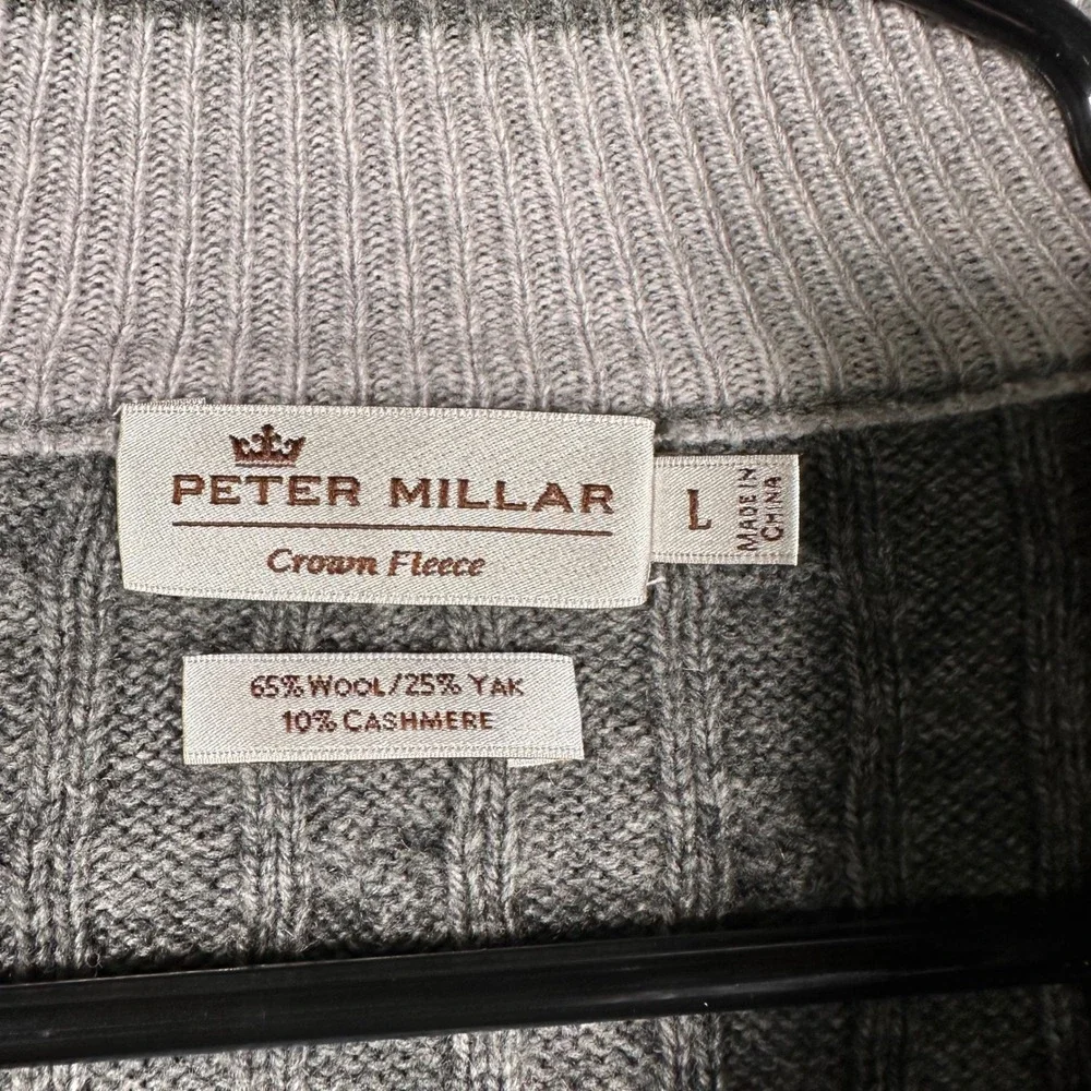 Peter Millar Crown Fleece Gray Wool Yak Cashmere Cable Knit 1/4 Zip Sweater L